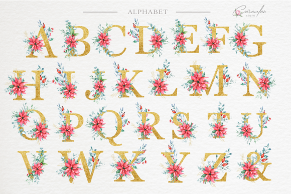 Christmas Floral Alphabet Watercolor Illustrations