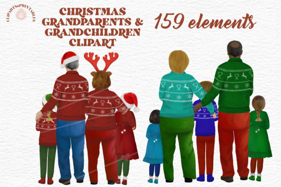 Christmas Grandparents and Kids Clipart Illustrations