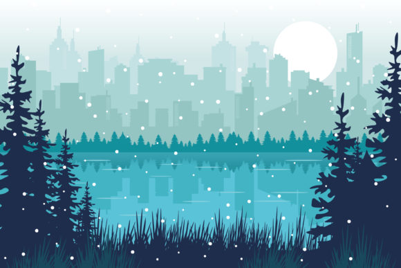 City and Forest in Winter Christmas Illustration Review
