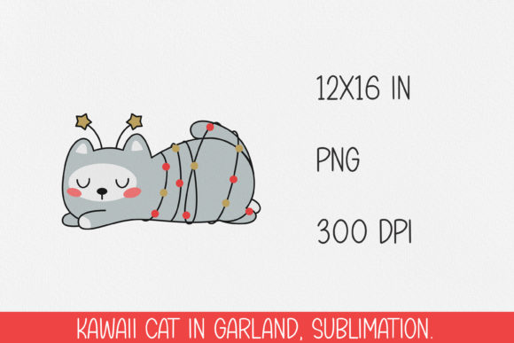 Cute Kawaii Cat in Christmas Garland Illustration