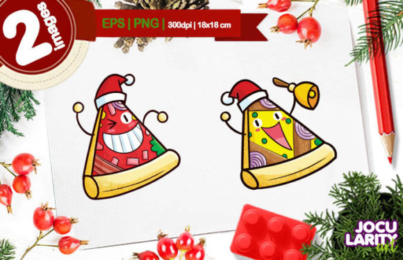 Kawaii Christmas Pizza Cartoon Vector Illustration