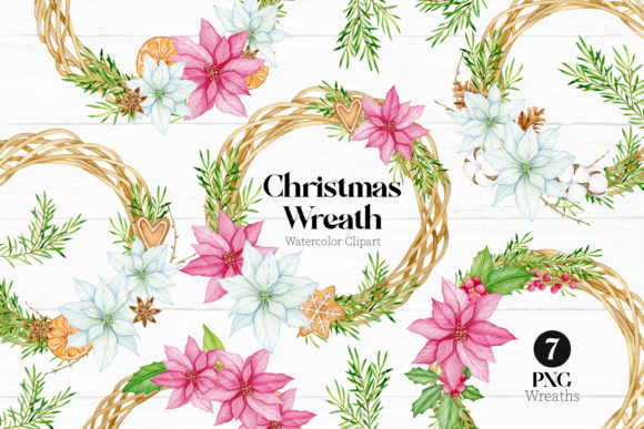 Poinsettia Christmas Wreaths Clipart for Illustrations