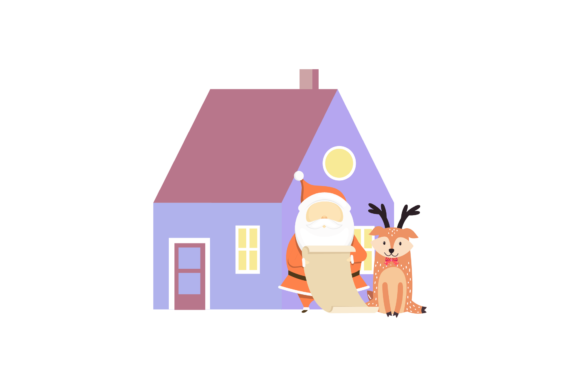 Santa and Reindeer House Christmas Illustration