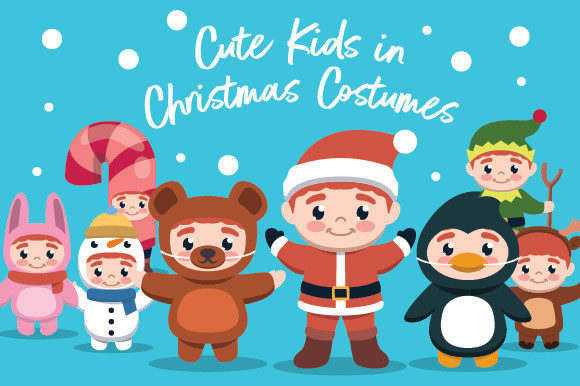 Set Cute Kid with Christmas Costumes Illustrations for Branding