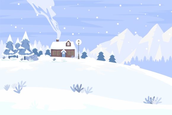 Snowy Christmas Forest Mountains Illustration