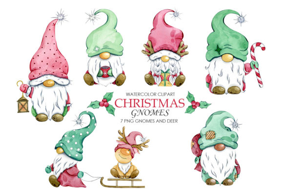 Watercolor Christmas Gnomes Illustrations